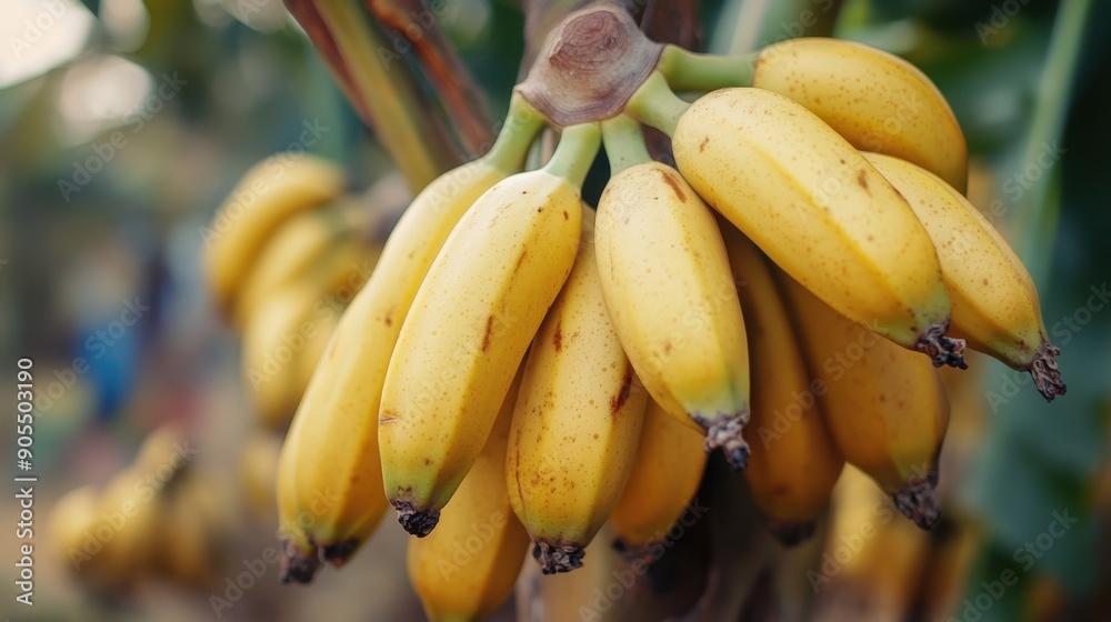 Bunch of ripe yellow bananas hanging on a tree, ready to be harvested. Bunch of ripe yellow bananas hanging on a tree, ready to be harvested.