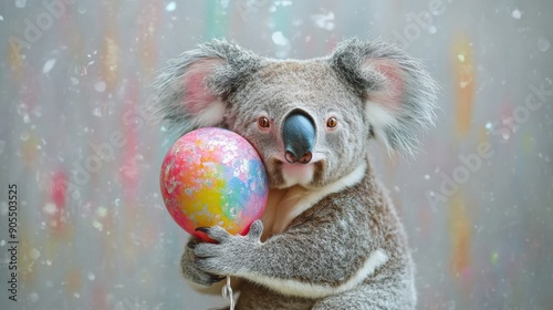A koala clutching a colorful balloon, blending whimsy and nature.