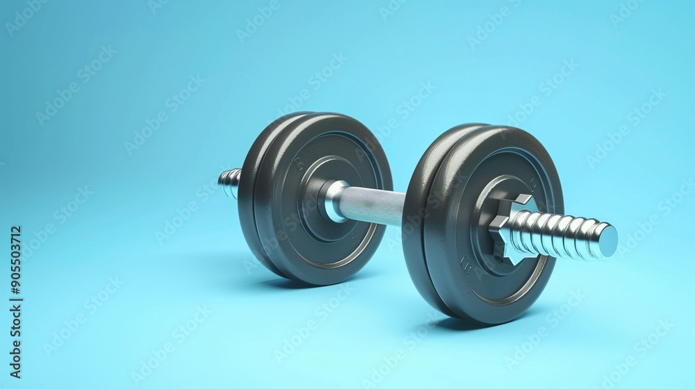 Silver Dumbbells on Blue Background - Fitness, Strength, and Training Equipment Silver Dumbbells on Blue Background - Fitness, Strength, and Training Equipment