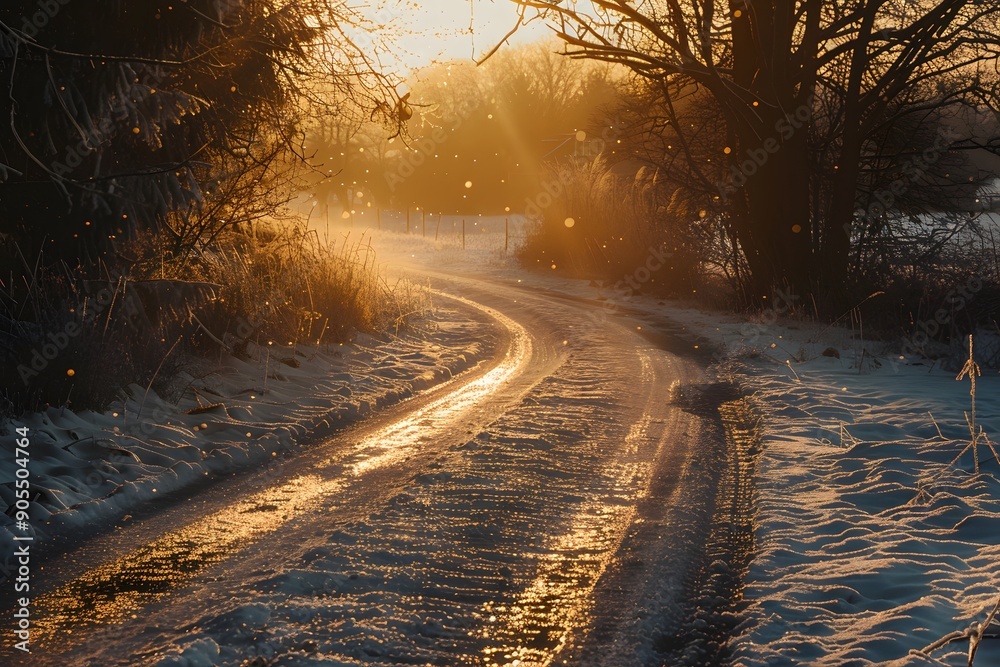 Obraz premium Serene winter path illuminated by golden sunlight in a snowy landscape.