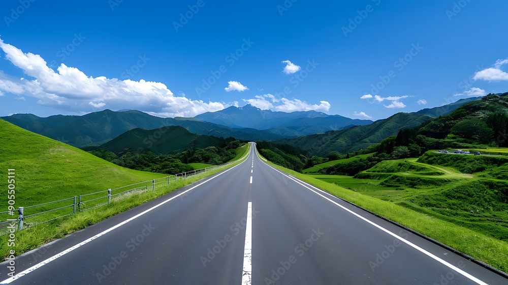 Naklejka premium A wide highway in the mountains with green hills on both sides, a blue sky and white clouds overhead, a panoramic view of the road stretching into the distance, a clear line from left to right, a