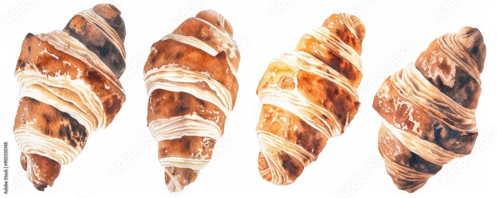 A boho watercolor bakery with croissants and copy space, food element, fresh and flaky, earthy tones, isolated on white background A boho watercolor bakery with croissants and copy space, food element, fresh and flaky, earthy tones, isolated on white background