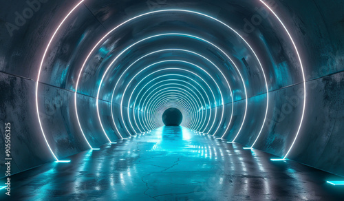 Abstract futuristic tunnel with glowing lines and reflections