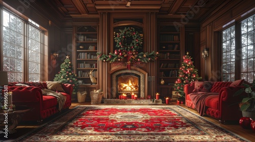 Cozy Holiday Living Room With Festive Decor, Warm Fireplace, and Snowy Window View During Winter Evening