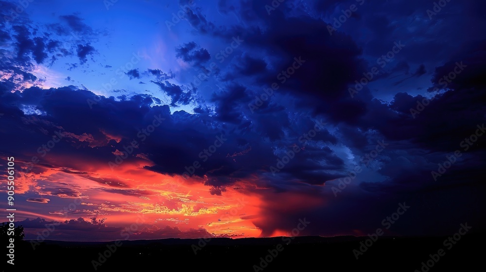 Obraz premium Dusk with dark orange clouds in a deep blue sky