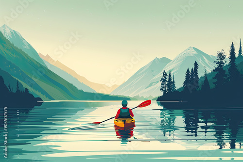 Serene lake with a kayaker surrounded by majestic mountains at sunrise