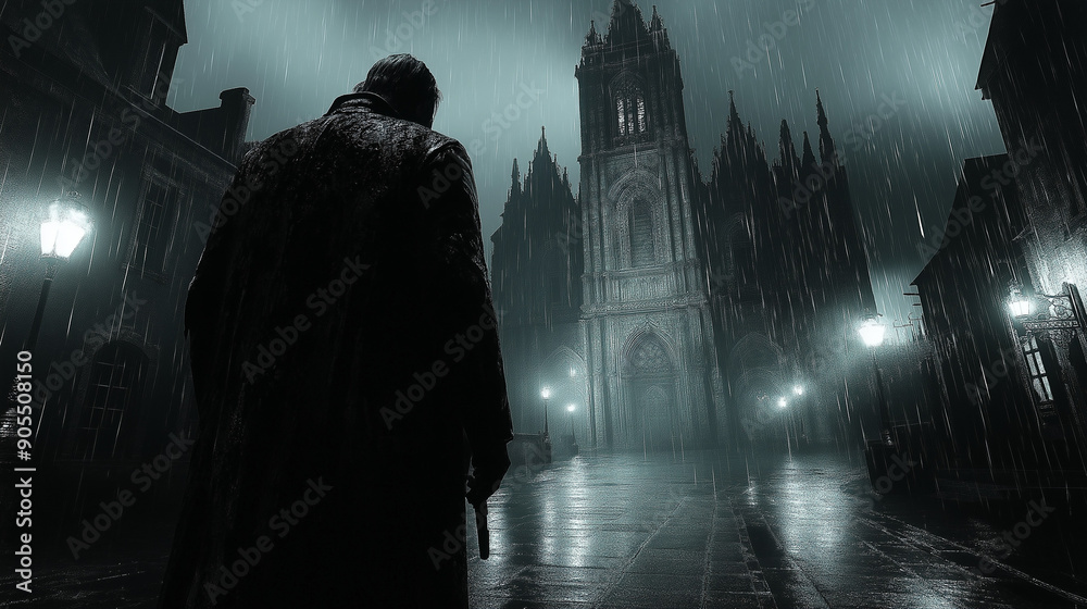 Dark Silhouette of Man in Rainy Gothic City Street with Cathedral Dark Silhouette of Man in Rainy Gothic City Street with Cathedral