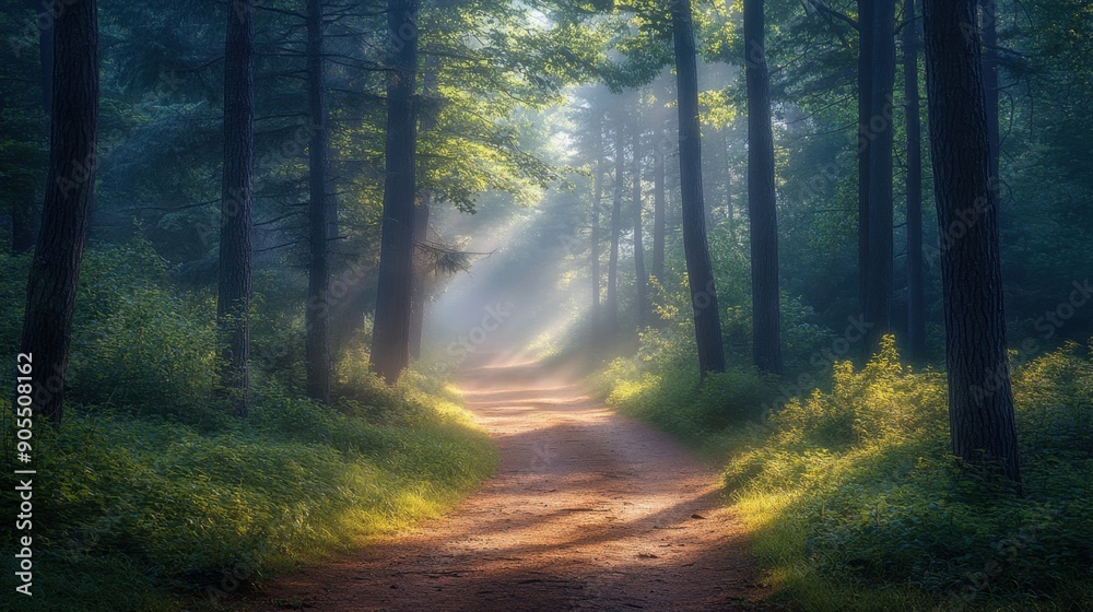 Tranquil forest path shrouded in mist with sunlight breaking through tall trees, creating a serene and magical environment. Tranquil forest path shrouded in mist with sunlight breaking through tall trees, creating a serene and magical environment.