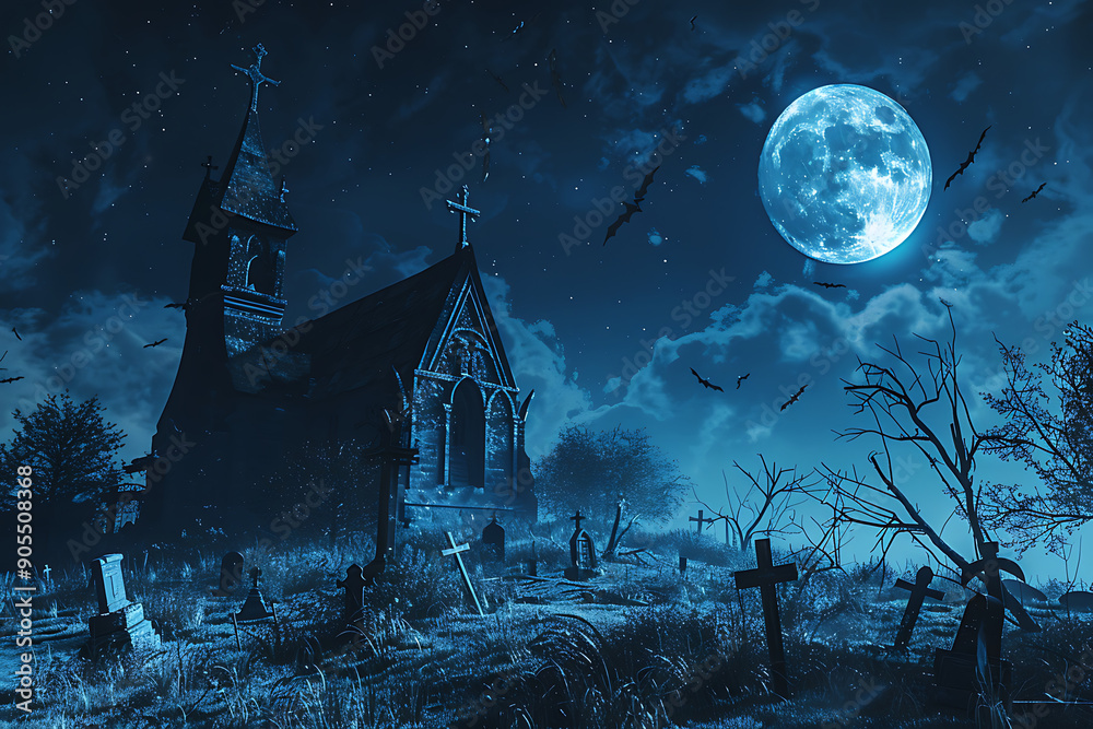 Halloween Gothic Church in Cemetery Background Halloween Gothic Church in Cemetery Background