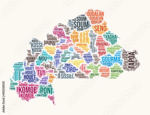 Burkina Faso regions word cloud. Country logo design. Regions typography style vector image. Burkina Faso colored text cloud. Amazing vector illustration.