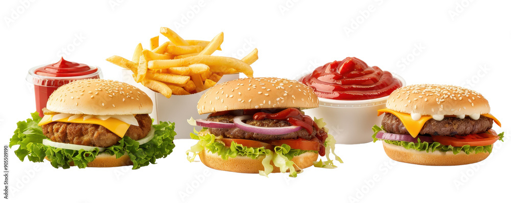 Delicious fast food set with assorted hamburgers, crispy fries, and vibrant dipping sauce. Perfect for advertising or menu design. Delicious fast food set with assorted hamburgers, crispy fries, and vibrant dipping sauce. Perfect for advertising or menu design.
