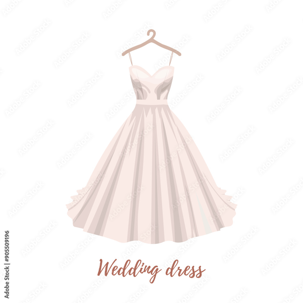 Vector wedding beautiful elegant dress hanging on hanger. Celebration. Wedding invitation. Save the date. Great for any designs, textile, art, walls, package Vector wedding beautiful elegant dress hanging on hanger. Celebration. Wedding invitation. Save the date. Great for any designs, textile, art, walls, package