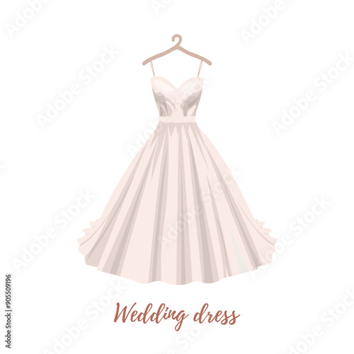 Vector wedding beautiful elegant dress hanging on hanger. Celebration. Wedding invitation. Save the date. Great for any designs, textile, art, walls, package