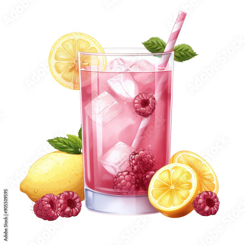 A refreshing pink lemonade with raspberries, ice, and lemon slices, perfect for summer drinks and vibrant cocktails.