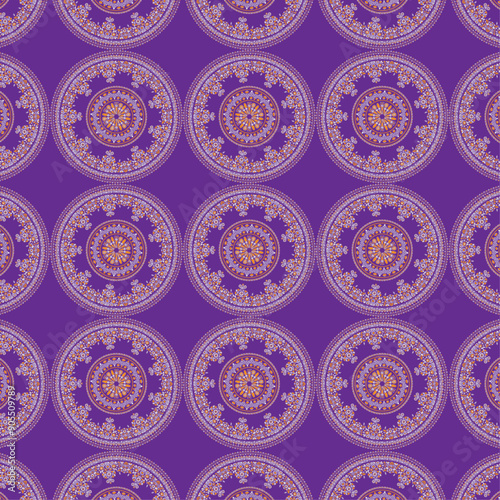 Seamless Batik floral embroidery pattern on Purple background Indian kalamkari Mandala Batik traditional block print design Ajrakh print Madhu Bani. Used for texture ,fabric ,clothing wrappings etc.