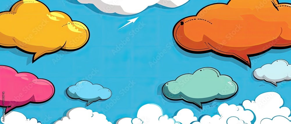 Colorful cartoon speech bubbles in the sky, resembling clouds with a bright, playful aesthetic. Perfect for communication or expression themes.