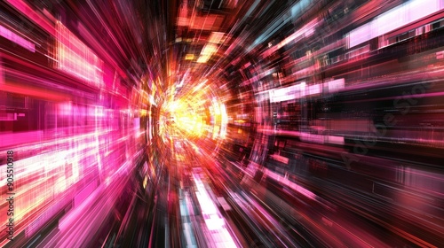 Dynamic abstract tunnel with vibrant red and pink streaks of light  showcasing movement and futuristic energy in a digital vortex.