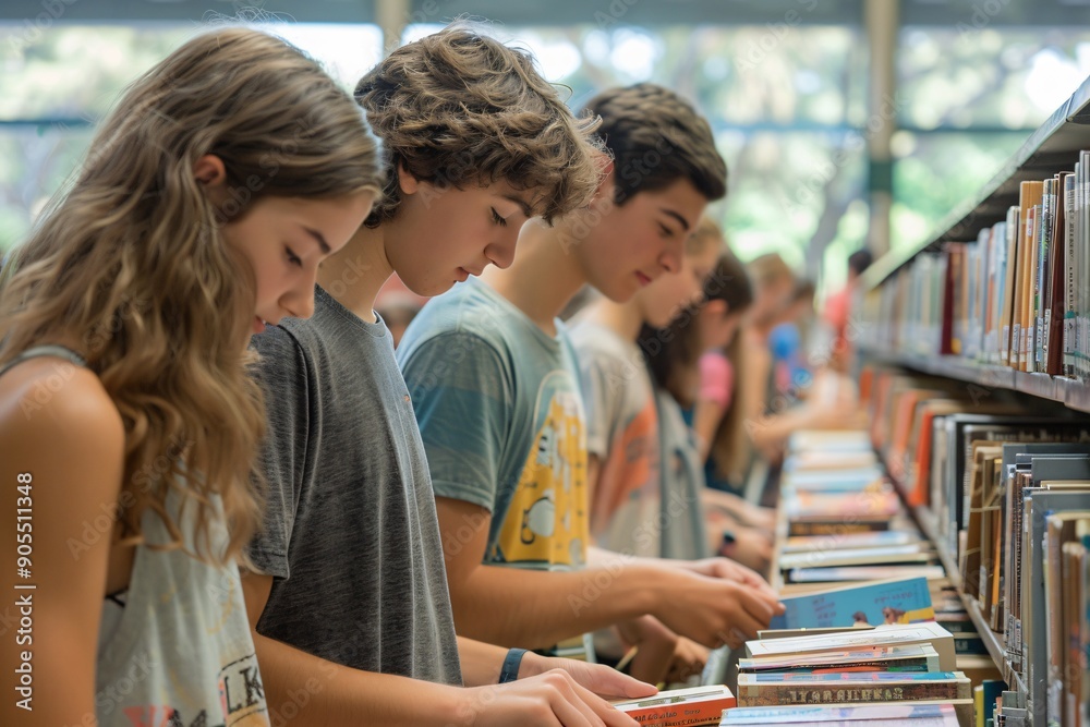 Excited Students Beginning Academic Journey in Library on First Day of School Excited Students Beginning Academic Journey in Library on First Day of School
