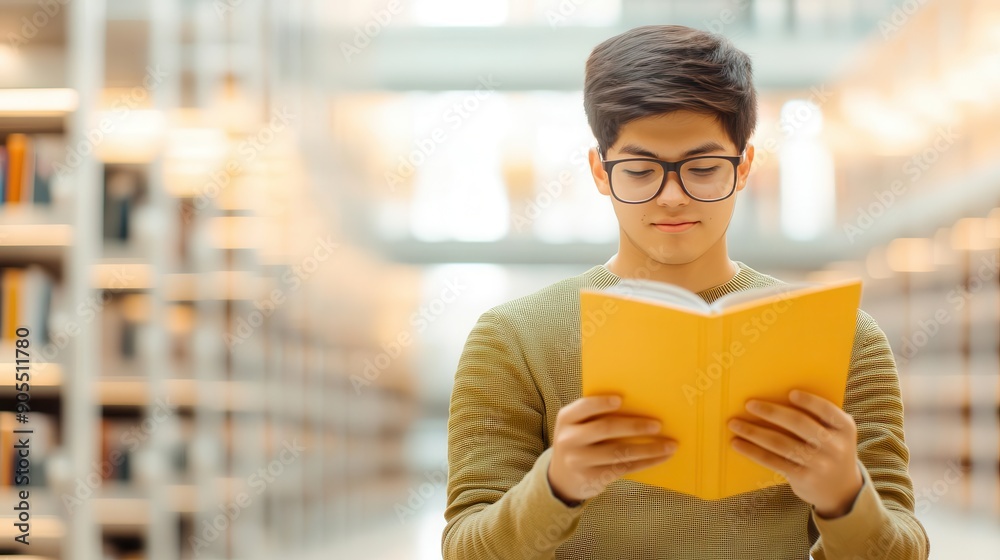 Fototapeta premium Student browsing through scientific articles in a library, search, effort, leisure