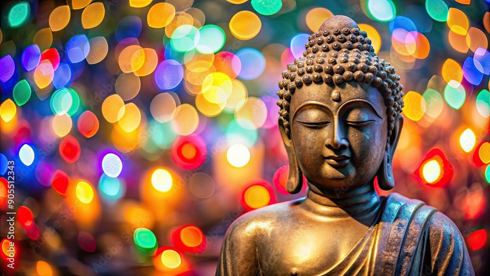 Buddha statue with colorful festive lights in background, Buddha, statue, festive lights, celebration Buddha statue with colorful festive lights in background, Buddha, statue, festive lights, celebration
