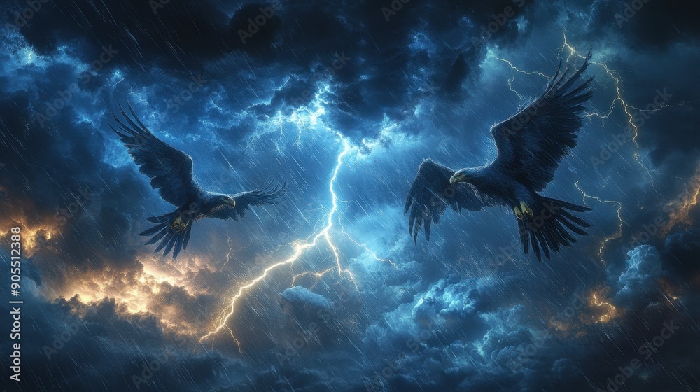 Fototapeta premium Ferocious thunder hawks dominating the stormy skies, with lightning and thunder as their powerful domain.