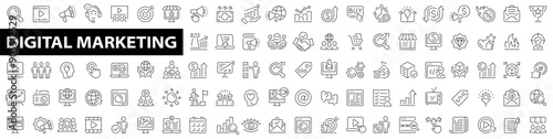 Digital Marketing web icon set in line style. Content, search, social, networks, feedback, communication, marketing, e-commerce, branding, seo and more. Vector illustration.