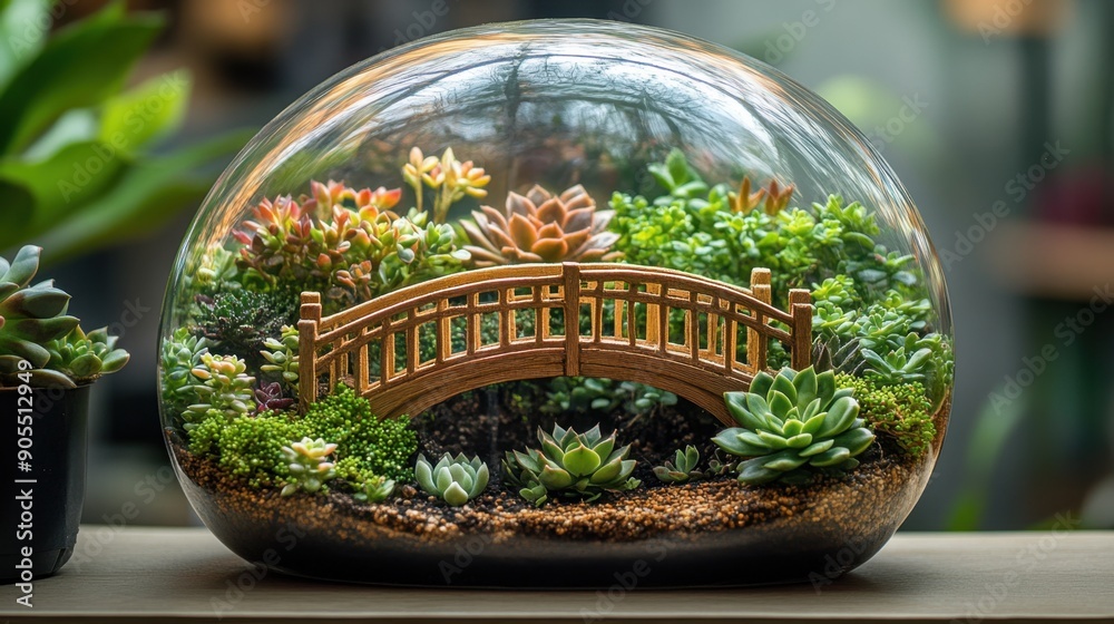 Glass terrarium with a miniature bridge and succulent plants, creating a charming and lush indoor garden scene. Glass terrarium with a miniature bridge and succulent plants, creating a charming and lush indoor garden scene.