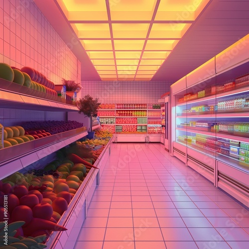 Lidl supermarket interior styled in vaporwave aesthetics with neon lighting, creating a retro-futuristic shopping environment. photo