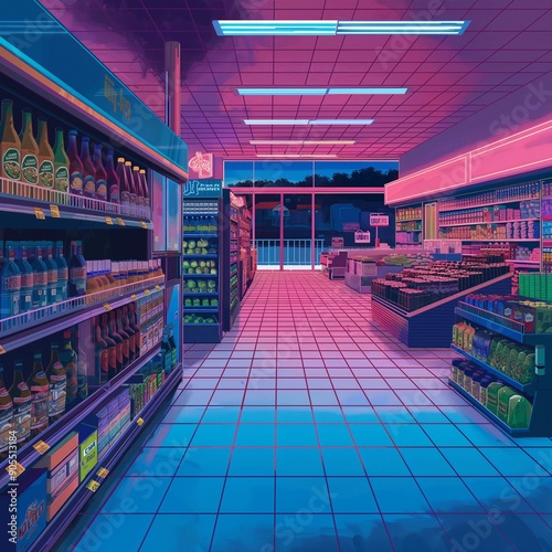 Vaporwave-styled illustration of a Lidl supermarket interior, perfect for retro-themed promotions and artistic projects. photo