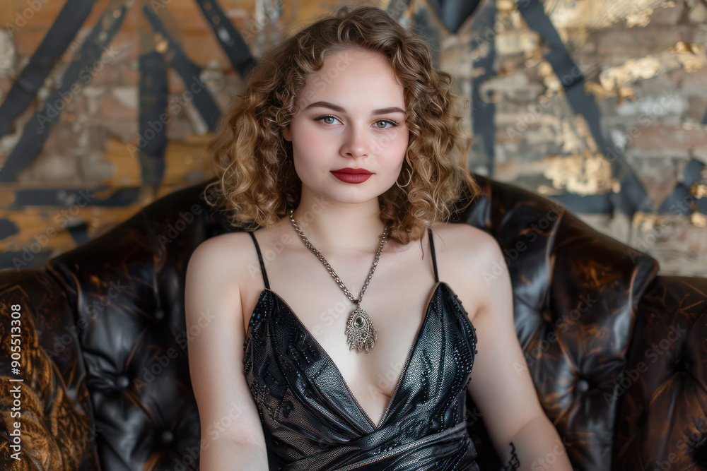 Fototapeta premium Woman in black dress with silver necklace.