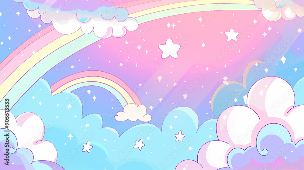 Pastel background with pink, blue, and purple sky, featuring stars, a rainbow, and soft clouds in a cute cartoon style, depicting a dreamy fantasy world in a whimsical and enchanting vector illustrati Pastel background with pink, blue, and purple sky, featuring stars, a rainbow, and soft clouds in a cute cartoon style, depicting a dreamy fantasy world in a whimsical and enchanting vector illustrati