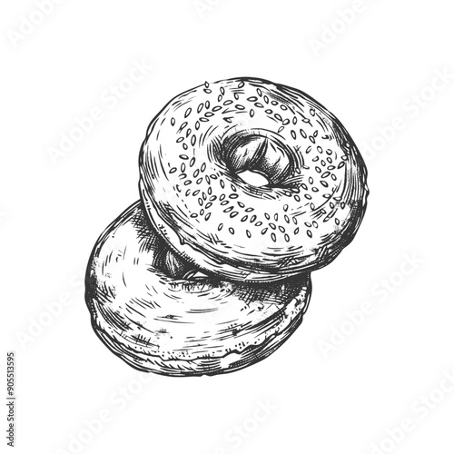 Hand drawn ink sketch. Bagel vector illustrations engraving