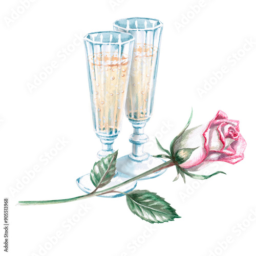 Two vintage glasses with champagne and a rose in watercolor. Illustration for greeting cards, congratulations, weddings, memorials, decorations. Illustration isolated from background.