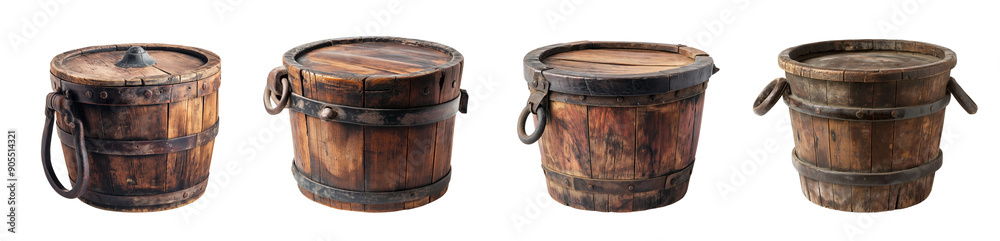 Antique wooden bucket with iron plates isolated on white or transparent background Antique wooden bucket with iron plates isolated on white or transparent background
