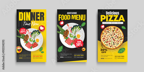 Vibrant colorful food instagram story post template design .vector illustration of fruits vegetables and healthy food on modern story