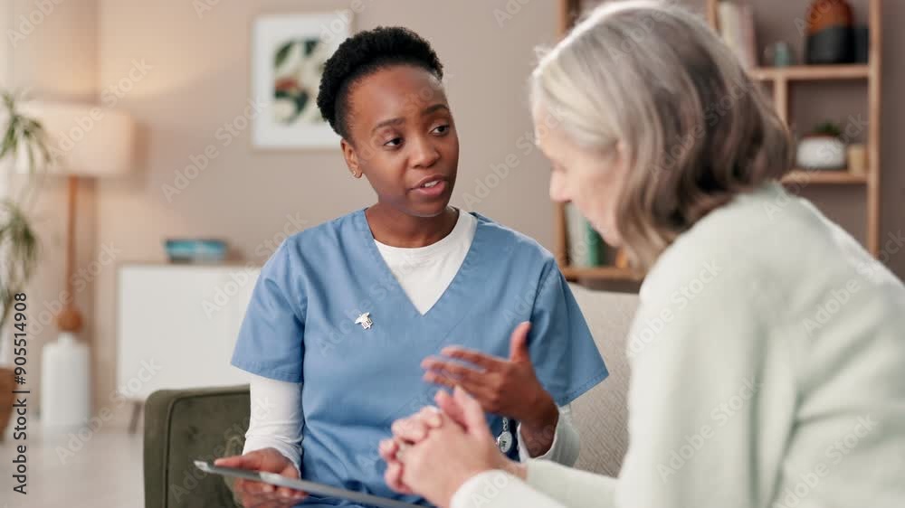 Tablet, nurse and talk to senior woman for medical report, results and rehabilitation. Tech, retirement and consulting caregiver for help, healing or recovery for geriatric healthcare in home visit Tablet, nurse and talk to senior woman for medical report, results and rehabilitation. Tech, retirement and consulting caregiver for help, healing or recovery for geriatric healthcare in home visit