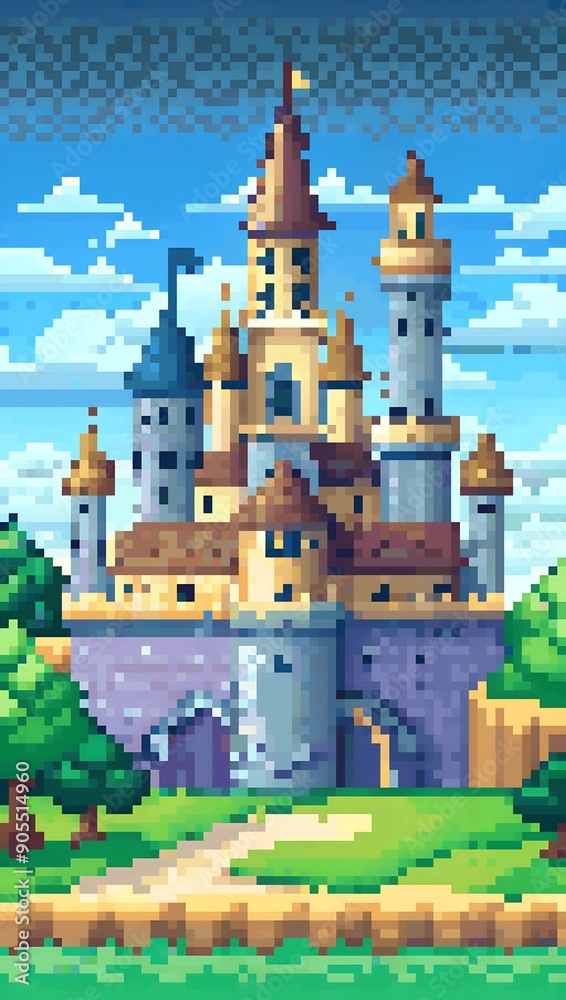 Naklejka premium Pixel art castle background. 8-bit game assets