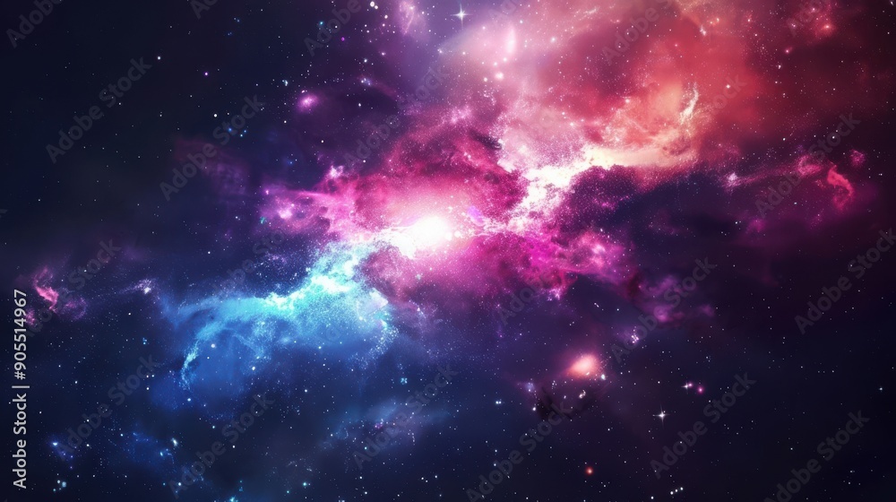 Obraz premium A mesmerizing galaxy background featuring a vibrant nebula with swirling colors of pink, blue, and purple, surrounded by twinkling stars and cosmic dust that create a breathtaking and otherworldly