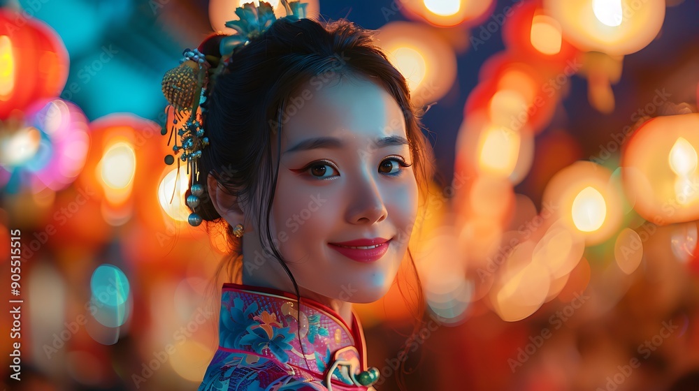 A captivating shot of a Chinese model in traditional festival attire, participating in a colorful Chinese festival with lanterns and a dragon dance. A captivating shot of a Chinese model in traditional festival attire, participating in a colorful Chinese festival with lanterns and a dragon dance.