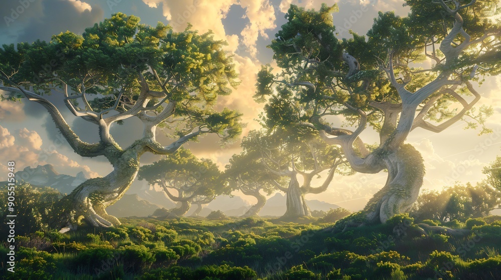 Mystical Forest with Twisted Trees at Sunset Mystical Forest with Twisted Trees at Sunset