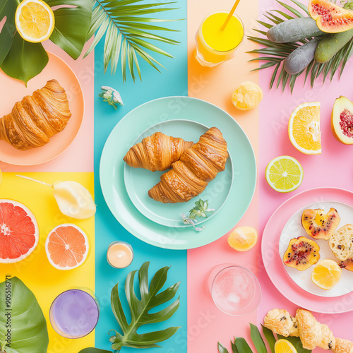 breakfast with croissant and coffeea bright colorful table with plates with croissants, exotic fruits, refreshing drinks. photo