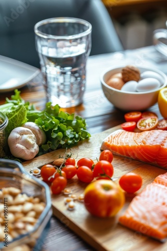 A balanced meal with salmon, vegetables, eggs, and nuts on a wooden cutting board. A glass of water completes the healthy meal.