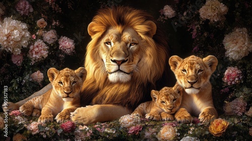 Majestic lion family resting in a floral fantasy setting with cubs.
