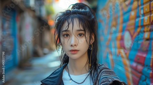 A stunning image of a Chinese model in fashionable streetwear, standing against a backdrop of vivid graffiti art. The energetic colors and urban environment create a dynamic and contemporary scene.