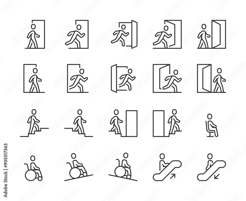 People Navigation, Icon Set. Public Navigation and Signs. Entrance, Exit, Door, Public Navigation, Signs, Up and Down Stairs, Wheelchair Accessible Ramp, Escalator. Line with editable stroke