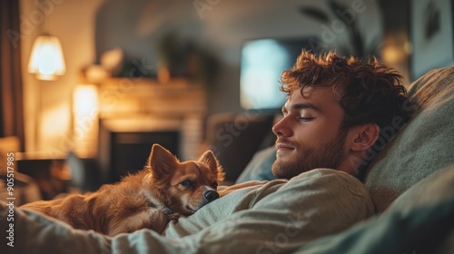 In a cozy living room, a young man relaxes on a comfortable couch with his small dog curled up beside him. The warm, inviting interior features soft lighting, neutral tones, and a minimalist design. photo