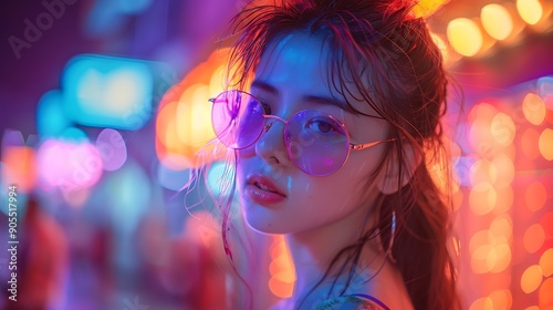 A vibrant image of a Chinese model in stylish evening clothes, enjoying the nightlife in a neon-lit city street with bustling activity. The bright lights and reflections add to the lively atmosphere. © ThuyTrang