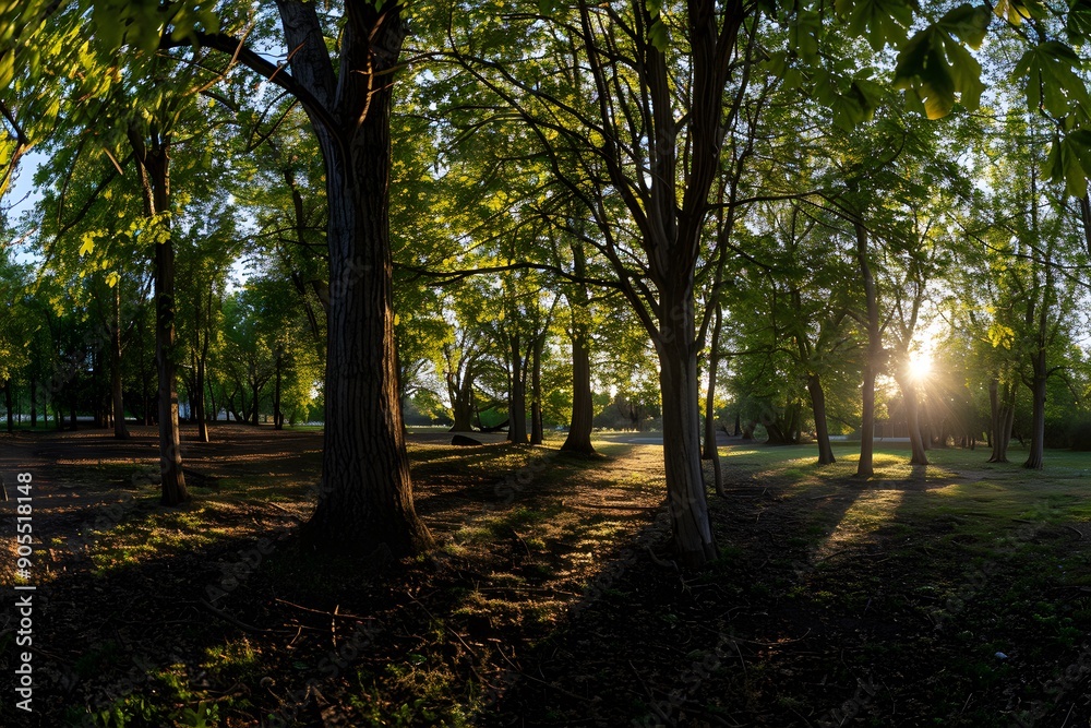 Fototapeta premium Sunlight filters through trees in a serene park setting.