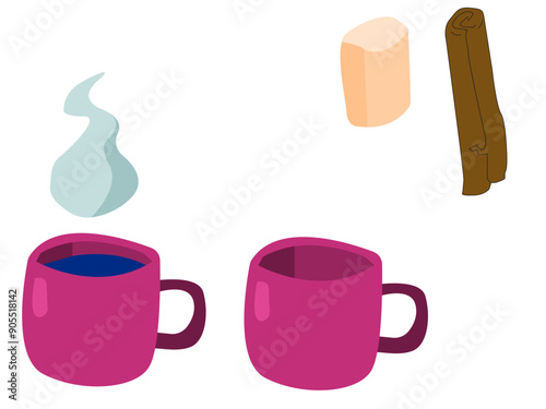 A hand drawn autumn set of: cinnamon, marshmallow, empty pink cup (mug), filled with beverage cup (mug) with steam on top. Isolated on white background. Vector illustration.