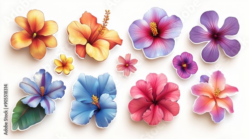 Fototapeta Naklejka Na Ścianę i Meble -  Tropical flowers sticker set, vibrant and colorful, featuring a variety of exotic blooms with 3D cartoon style, perfect for botanical enthusiasts.